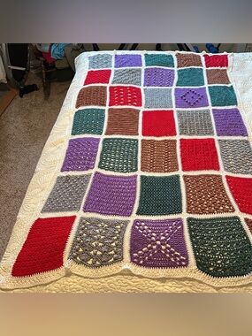 Handmade Multicolor Crochet Patchwork Throw Blanket - White Trim
